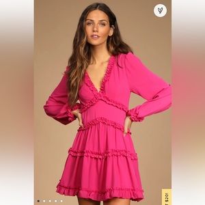 Lulus Simply Darling Magenta Ruffled Long Sleeve Mini Dress